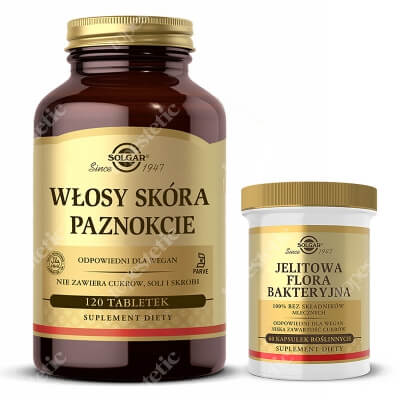 Solgar Jelitowa Flora Bakteryjna + Włosy, Skóra, Paznokcie (WSP) ZESTAW Sprawdzona formuła probiotyczna – 100% bez produktów mlecznych 60 kapsułek + Zaawansowana formuła odżywcza 120 tabletek