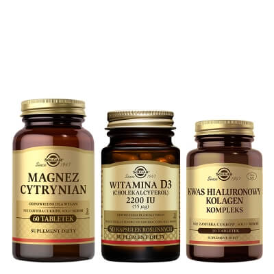 Solgar Kwas Hialuronowy Kolagen + Witamina D3 + Magnez Cytrynian ZESTAW 30 tabletek + Cholekalcyferol 50 kaps. + Suplement diety 60 tabletek