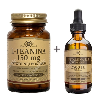 Solgar L-Teanina + Witamina D3 w płynie ZESTAW 150 mg, 60 kapsułek + 59 ml