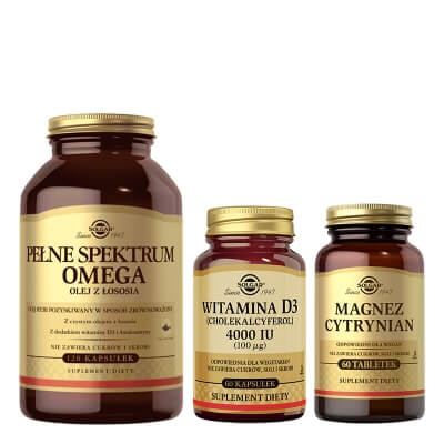 Solgar Magnez Cytrynian + Pełne Spektrum Omega + Witamina D3 4000 IU (100ug) ZESTAW Suplement diety 60 tabletek + Olej z łososia 120 kapsułek + Cholekalcyferol 60 kaps.