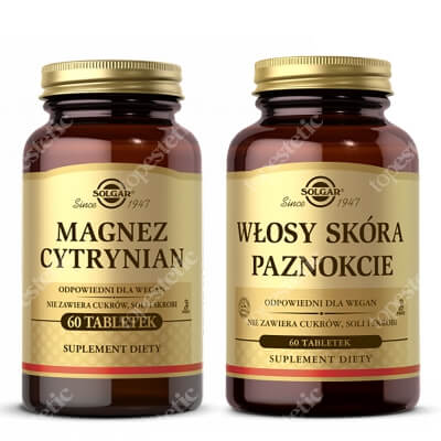 Solgar Magnez Cytrynian + Włosy, Skóra, Paznokcie (WSP) ZESTAW Wysoka potencja, wysoka przyswajalność 60 tabletek + Zaawansowana formuła odżywcza 60 tabletek