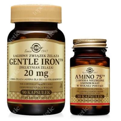 Solgar No Tiredness ZESTAW Preparat żelaza 20 mg 90 kapsułek + Kompletny zestaw aminokwasów egzogennych 30 kaps.