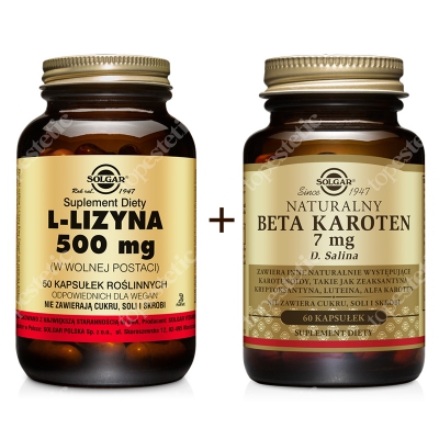 Solgar Odnowa Skóry ZESTAW L-lizyna 500 mg w postaci wolnej 50 kapsułek + Naturalny beta karoten 7 mg 60 kapsułek