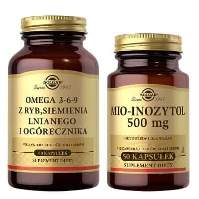 Solgar Omega 3-6-9 + Mio-Inozytol 500 mg ZESTAW Z ryb, siemienia lnianego i ogórecznika 60 kapsułek + 50 kapsułek