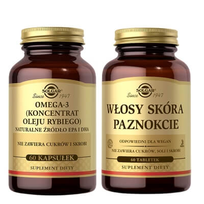 Solgar Omega-3 + Włosy, Skóra, Paznokcie ZESTAW Omega 3 60 kapsułek + Kapsułki dla wsparcia skóry, włosów i paznokci 60 tabletek