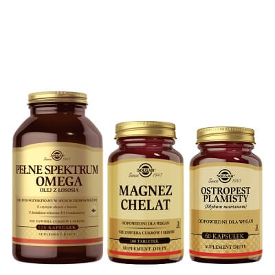 Solgar Ostropest Plamisty + Magnez Chelat + Pełne Spektrum Omega ZESTAW Milk Thistle 60 kapsułek + Suplement diety 100 tabletek + Olej z łososia 120 kapsułek