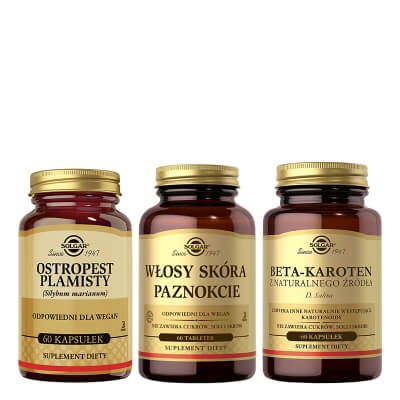 Solgar Ostropest Plamisty + Włosy, Skóra, Paznokcie + Beta-karoten ZESTAW Milk Thistle 60 kapsułek + Wsparcie skóry, włosów i paznokci 60 tabletek + D. salina 60 kapsułek