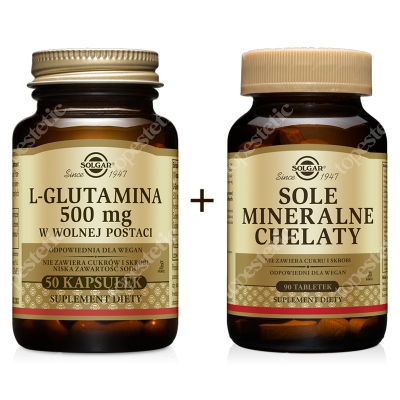 Solgar Po Wysiłku ZESTAW L-glutamina 500 mg w postaci wolnej 50 kaps. + Sole mineralne w postaci chelatów aminokwasowych 90 tabletek