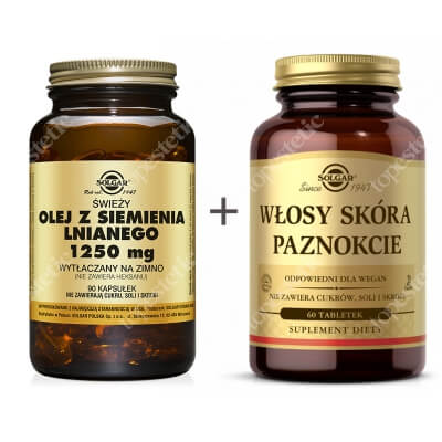 Solgar Dry Skin ZESTAW Formuła Włosy, Skóra, Paznokcie 60 tabl. + Olej z siemienia lnianego 90 kaps.