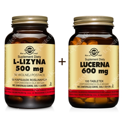 Solgar Witalność ZESTAW Lucerna 600 mgL 100 tabletek + L-lizyna 500 mg w postaci wolnej 50 kapsułek