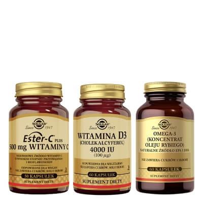Solgar Witamin C+ Witamin D3 + Omega-3 ZESTAW Suplement diety 50 kapsułek + Cholekalcyferol 60 kaps. + Naturalne źródło EPA i DHA 60 kaps