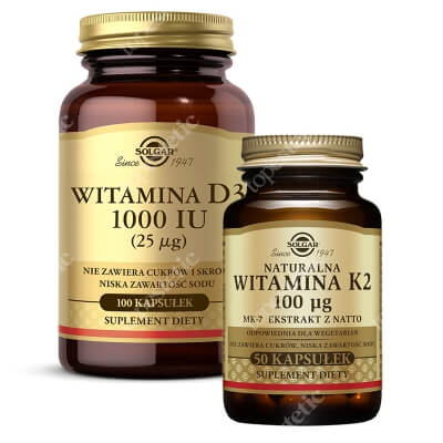 Solgar Witamina D3, 25 µg (1000 IU) + Witamina K2 100 µg ZESTAW 100 kapsułek + MK7 ekstrakt z natto 50 kapsułek