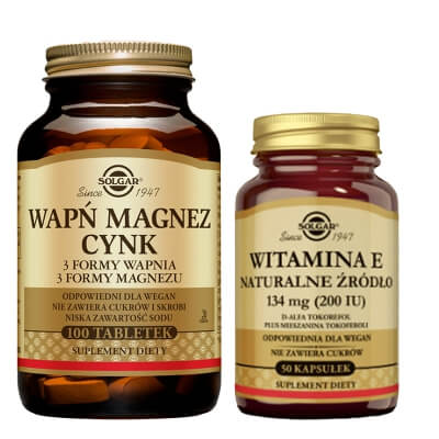 Solgar Witamina E 134 mg + Wapń, Magnez, Cynk ZESTAW Naturalne źródło 50 kaps + 100 tabletek