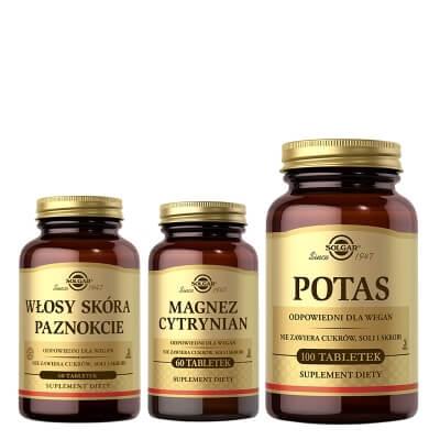 Solgar Włosy, Skóra, Paznokcie + Magnez Cytrynian + Potas ZESTAW Suplement diety 60 tabletek + Suplement diety 60 tabletek + Suplement diety 100 tabletek