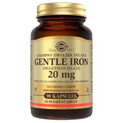 Solgar Żelazo Gentle Iron - łagodny związek żelaza 20 mg dwuglicynian żelaza 90 kapsułek