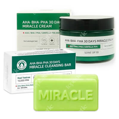 Some By Mi 30 Days Miracle Cleansing Bar + 30 Days Miracle Cream ZESTAW Mydło z naturalnymi kwasami AHA i BHA 95 g + Krem z naturalnymi kwasami AHA, BHA 60 g