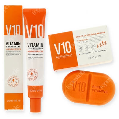 Some By Mi V 10 Vitamin Tone Up Cream + Pure Vitamin C Cleansing Bar ZESTAW Krem składający się z 10 różnych witamin 50 ml + Wybielające i rozjaśniające mydło z witaminami 106 g