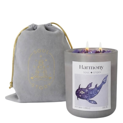 Soul Story Harmony Crystals Candle Świeca sojowa z kamieniami ametystu - zapach palmarozy, geranium oraz drzewa różanego 230 ml