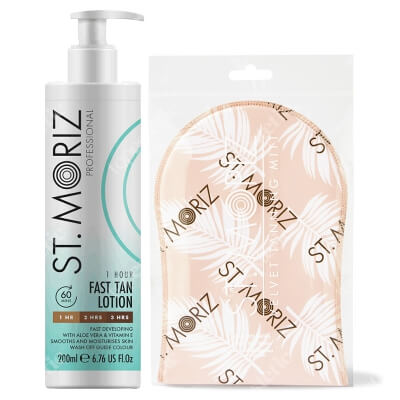 St Moriz 1 Hour Fast Tan Lotion + Velvet Tanning Mitt ZESTAW Błyskawiczny balsam samoopalający 200 ml + Rękawica 1 szt