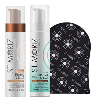 St Moriz Colour Correct Tan ZESTAW Samoopalająca pianka o jasnym odcieniu 200 ml + Błyskawiczny mus samoopalający 200 ml + Rękawica 1 szt