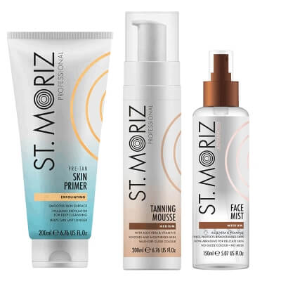 St Moriz Exfoliating Skin Primer + Face Mist Medium + Tanning Mousse ZESTAW Peeling 200 ml + Samoopalająca mgiełka do twarzy 150 ml + Mus samoopalający o średnim odcieniu 200 ml