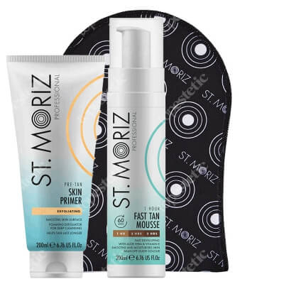 St Moriz Ready To Tanning ZESTAW Peeling przygotowujący skórę do opalania 200 ml + Błyskawiczny mus samoopalający 200 ml + Rękawica