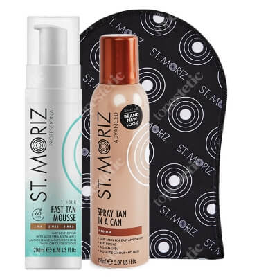 St Moriz Fast Tanning Mousse + Spray Tan In A Can Medium + Tanning Applicator Mitt ZESTAW Mus samoopalający 200 ml + Opalająca mgiełka do ciała 150 ml + Rękawica 1 szt