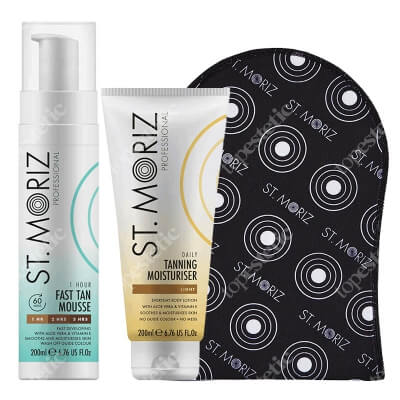St Moriz Favorite Set ZESTAW Balsam nawilżający, stopniowo budujący opaleniznę 200 ml + Błyskawiczny mus samoopalający 200 ml + Rękawica 1 szt