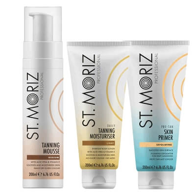 St Moriz Golden Glow Tanning ZESTAW Peeling 200 ml + Mus samoopalający (Medium) 200 ml + Balsam stopniowo budujący opaleniznę 200 ml