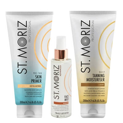 St Moriz Golden Glow ZESTAW Peeling przygotowujący skórę do opalania 200 ml + Samoopalająca mgiełka do twarzy 150 ml + Balsam budujący opaleniznę 200 ml