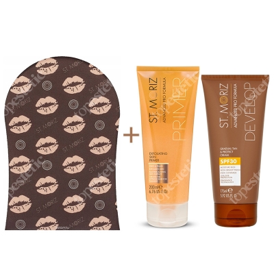 St Moriz Gradual Tan and Protect Cream + Exfoliating Skin Primer + Tanning Applicator Mitt ZESTAW Samoopalacz z filtrem przeciwsłonecznym SPF30, 175 ml + Peeling przygotowujący skórę do opalania 200 ml + Rękawica