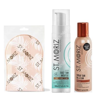 St Moriz Slow Steps To Perfect Tan ZESTAW Bezbarwna stopniowo opalająca mgiełka do ciała 150 ml + Błyskawiczny mus samoopalający 200 ml + Rękawica 1 szt