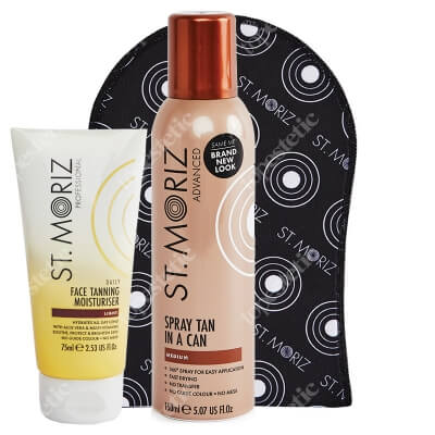 St Moriz Spray Tan In A Can Medium + Daily Face Tanning Moisturiser Light + Tanning Applicator Mitt ZESTAW Opalająca mgiełka do ciała 150 ml + Samoopalający krem do twarzy 75 ml + Rękawica 1 szt