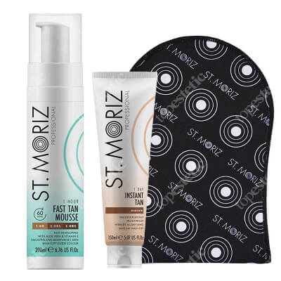St Moriz Super Tan Set ZESTAW Błyskawiczny mus samoopalający 200 ml + Natychmiastowy zmywalny bronzer do ciała 150 ml + Rękawica 1 szt