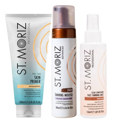 St Moriz Super Tan ZESTAW Peeling 200 ml + Samoopalająca pianka 200 ml + Mgiełka samoopalająca do twarzy 150 ml