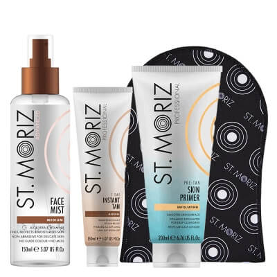 St Moriz Super Tan ZESTAW Peeling 200 ml + Zmywalny bronzer 150 ml + Rękawica 1 szt + Samoopalająca mgiełka do twarzy 150 ml
