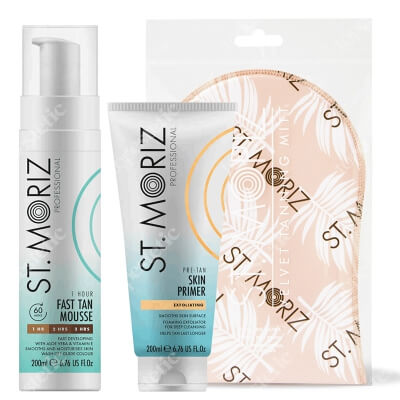 St Moriz Super Tan ZESTAW Peeling przygotowujący skórę do opalania 200 ml + Błyskawiczny mus samoopalający 200 ml + Rękawica 1 szt