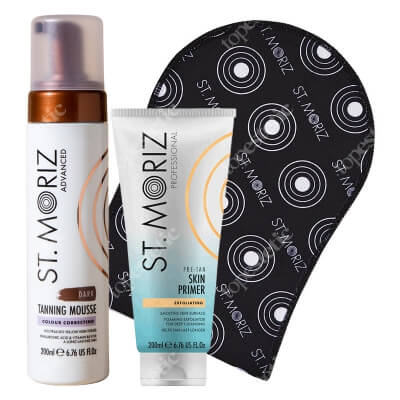 St Moriz Super Tan ZESTAW Peeling przygotowujący skórę do opalania 200 ml + Samoopalająca pianka o ciemnym odcieniu 200 ml + Rękawica 1 szt