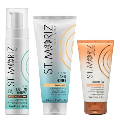 St Moriz Tan Set ZESTAW Peeling 200 ml + Błyskawiczny mus samoopalający 200 ml + Rozświetlający balsam do stopniowej opalenizny 150 ml
