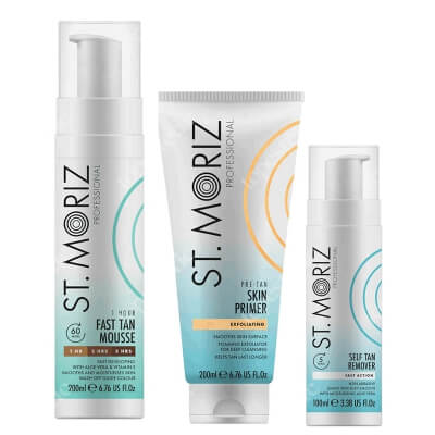 St Moriz Tan Skin ZESTAW Peeling przygotowujący skórę do opalania 200 ml + Błyskawiczny mus samoopalający 200 ml + Pianka do usuwania opalenizny 100 ml