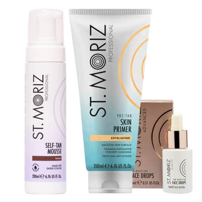 St Moriz Tanning Face And Body ZESTAW Peeling przygotowujący skórę do opalania 200 ml + Serum samoopalające do twarzy 15 ml + Mus samoopalający (Dark) 200 ml