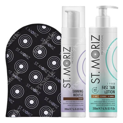 St Moriz Tanning Set ZESTAW Mus samoopalający o ciemnym odcieniu (Dark) 200 ml + Błyskawiczny balsam samoopalający 200 ml + Rękawica 1 szt