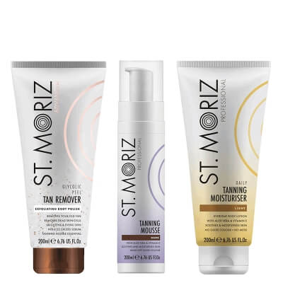 St Moriz Tanning Set ZESTAW Peeling 200 ml + Mus samoopalający o ciemnym odcieniu (Dark) 200 ml + Balsam stopniowo budujący opaleniznę 200 ml