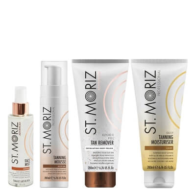 St Moriz Tanning Set ZESTAW Samoopalająca mgiełka do twarzy 150 ml + Mus samoopalający 200 ml + Peeling 200 ml + Balsam budujący opaleniznę 200 ml