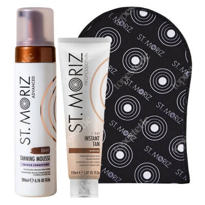 St Moriz Tanning Set ZESTAW Samoopalająca pianka o ciemnym odcieniu 200 ml + Natychmiastowy zmywalny bronzer do ciała 150 ml + Rękawica 1 szt