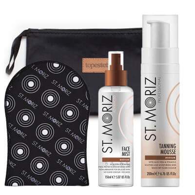 St Moriz Tanning Super Set ZESTAW Samoopalająca mgiełka do twarzy 150 ml + Mus samoopalający 200 ml + Rękawica 1 szt + Kosmetyczka 1 szt