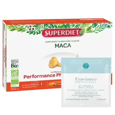 Super Diet Maca Bio + Exuviance Professional AF VITAMIN C Serum Capsules ZESTAW Super Diet witalność i pożądanie 20x15 ml + Exuviance kapsułki 3 szt