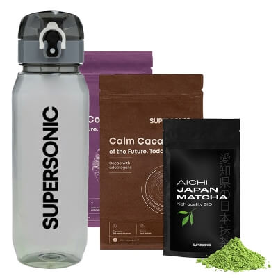 Supersonic Aichi + Brain Coffee + Calm Cacao + Butelka do Napoju ZESTAW Japońska herbata 100 g + Kawa 180 g + Kakao 225 g + Butelka 800 ml