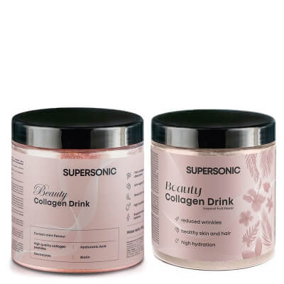 Supersonic Collagen Beauty Drink Dwupak 2 ZESTAW Kolagen - Porzeczka, mięta 185 g + Kolagen - Owoce tropikalne 185 g
