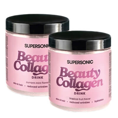 Supersonic Collagen Beauty Drink Dwupak 2 ZESTAW Kolagen - Porzeczka, mięta 185 g + Kolagen - Owoce tropikalne 185 g